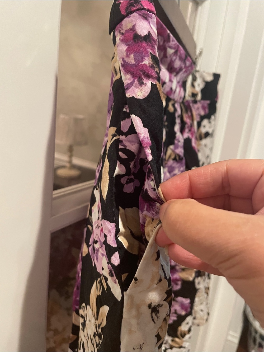 White House Black Market Black Floral Pleated Skirt with Purple and White Blooms - Picture 5 of 6